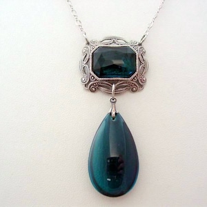 Victorian Style Zircon Blue Drop Necklace, Oxidized Finish, Zircon Blue Drop Pendant, Zircon Blue Renaissance Necklace, Victorian Jewelry