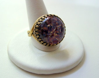 Antique Bronze Crown Ring with Amethyst Fire Opal and Topaz Gems - Vintage Glass