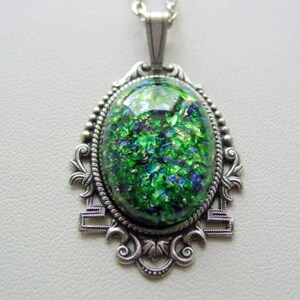 Vintage Art Deco Style Necklace, Emerald Green Opal Fire Pendant, Oxidized Finish, Glass Cabochon, Chain Available