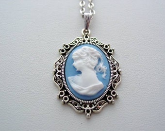 Victorian Blue and White Lady Cameo Necklace - Antique Silver Plated Pendant, Victorian Jewelry