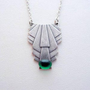 Art Deco Style Emerald Green Necklace, Oxidized Finish, Vintage Glass Cabochon, Art Deco Style Elegance for Your Collection