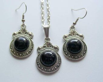 Black Sandstone Necklace  Earrings Set - Art Nouveau Style - Antique Design - Rhodium Chain - Gemstone Drop