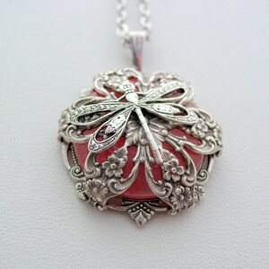 Victorian Style Necklace, Gemstone Necklace, Cherry Quartz, Faceted Crystal, Layered Dragonfly Pendant, Victorian Jewelry