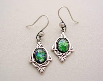 Emerald Fire Opal Art Deco Style Earrings - Emerald Green Vintage Glass Oxidized Finish