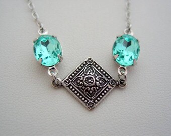 Vintage Style Aqua Victorian Necklace, Oxidized Finish, Victorian Double Aqua Pendant, Victorian Jewelry