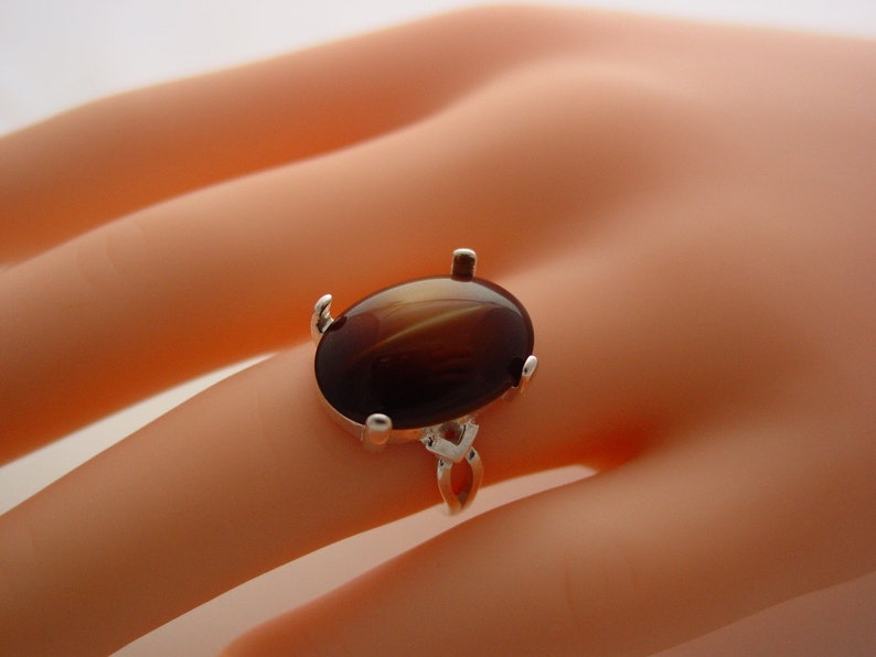 Sterling Silver Vintage Cats Eye 925 Artisan Bezel Split Band Germany Brown Horn Catseye Glass Oval Cabochon Sterling Ring