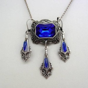 Sapphire Blue Victorian Necklace Earrings Set, Octagon Drop Pendant, Victorian Earrings, Victorian Style Jewelry