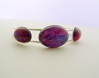 Dragon's Breath, Triple Stone, Fire Opal Bracelet, Cuff Bracelet, Mexican Fire, Opal Bracelet, Vintage Glass Cuff Bracelet, Rhodium Finish