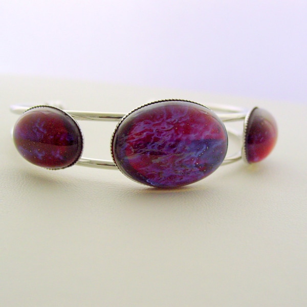 Dragon's Breath, Triple Stone, Fire Opal Bracelet, Cuff Bracelet, Mexican Fire, Opal Bracelet, Vintage Glass Cuff Bracelet, Rhodium Finish