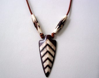 Tribal Arrowhead Bone Inlay Ethnic Bone Beads Leather Cord Necklace