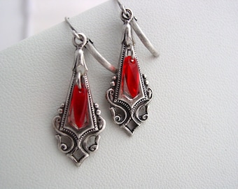Victorian Style, Ruby Red Earrings, V Pendant Drop Earrings, Leverback, Victorian Jewelry
