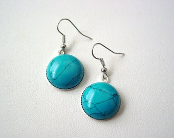 Turquoise Round Earrings Gemstone Polished Turquoise Dangle Earrings