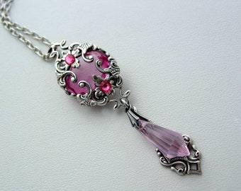 Victorian Style, Dusty Rose, Layered Necklace, Rose Pink Crystal, Rhinestones, Layered Crystal Drop Pendant, Victorian Jewelry