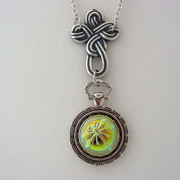 Celtic Cross Dragonfly Necklace Iridescent Vitrail Glass Dragonfly 4df