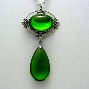 Witch Wendy Green, Witch Wear Necklace, Green Teardrop, Silver Drop Pendant, Art Nouveau Jewelry
