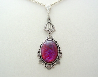 Art Deco Style, Fire Opal Necklace, Vintage Glass Cabochon, Oxidized Finish, Drop Pendant, Art Deco Jewelry