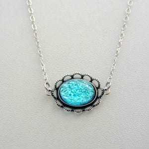 Fire Opal Necklace, Aqua Blue, Vintage Glass, Opal Pendant, Antique Silver Finish, Blue Opal Jewelry