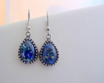 Victorian Style, Sea Blue, Fire Opal Earrings, Vintage Fire Opal, Crown  Earrings, Cobalt Blue, Victorian Jewelry