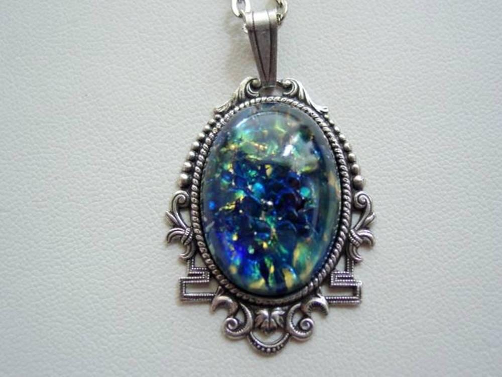 Art Deco Style Opal Necklace, Sapphire Blue, Fire Opal, Vintage Glass Cabochon, Oxidized Finish