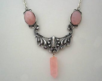 Art Nouveau Style, Rose Quartz Crystal Necklace, Drop Floral Necklace, Lavalier Crystal Point Drop Pendant, Art Nouveau Jewelry