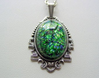 Vintage Art Deco Style Necklace, Emerald Green Opal Fire Pendant, Oxidized Finish, Glass Cabochon, Chain Available