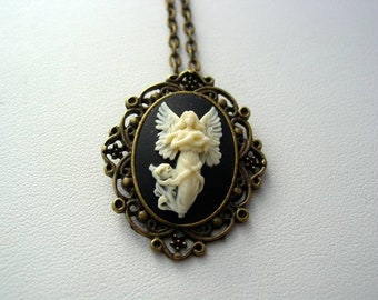 Victorian Style Religious Necklace, Angel Cameo Pendant, Angel Floral Necklace, Religious Jewelry, 6vc 9cm