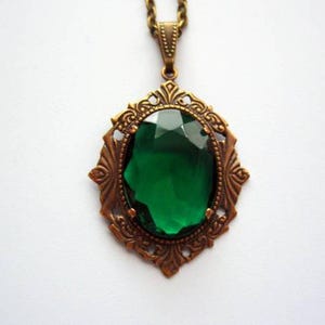 Art Deco Style Necklace, Antique Bronze Emerald Green Faceted Crystal Necklace, Drop Necklace, Vintage Glass Cabochon