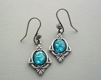 Art Deco Fire Opal Earrings - Classic Aqua Blue Vintage Glass Cabochon with Oxidized Finish