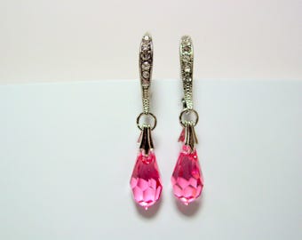 Rhinestone Leverback Rose Crystal Earrings, Dangle Earrings, Rose Pink Swarovski Teardrop Earrings