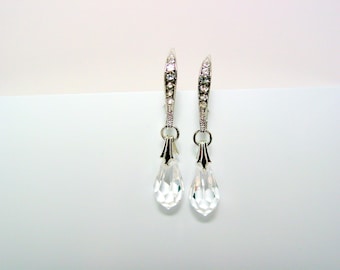 Rhinestone Leverback Clear Crystal Earrings, Dangle Earrings, Clear Swarovski Teardrop Earrings