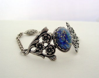 Art Nouveau Style, Floral, Sea Blue, Fire Opal Bracelet, Blue Opal Bracelet, Pearl Clasp, Art Nouveau Jewelry