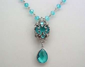 Art Nouveau Style, Aquamarine Crystal Necklace, Teardrop Pendant, Rosary Chain, Ocean Blue Necklace, Art Nouveau Jewelry