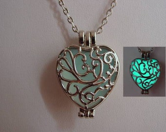 Glow In the Dark Scroll Heart Locket, Bright Aqua Glow Necklace, Illumination Heart Pendant