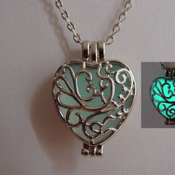 Glow In the Dark Scroll Heart Locket, Bright Aqua Glow Necklace, Illumination Heart Pendant
