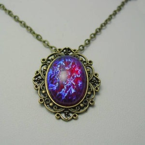 Art Nouveau Style, Dragon's Breath Necklace, Mexican Glass Opal, Filigree Pendant, Art Nouveau Jewelry