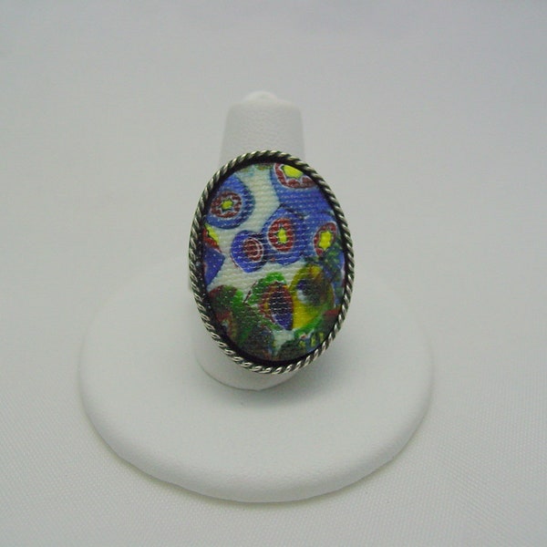 Venetian Millefiori Engraved Ring Czech Glass Cabochon Ring Silver Oxidized Finish A Thousand Flowers Millefiori Finger Ring