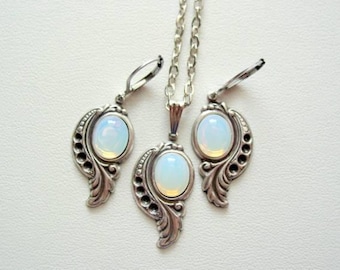 Art Nouveau Style, White Opal Necklace, Opal Earrings, White Opal Gemstone, Drop Necklace, Leverback Earrings, Art Nouveau Jewelry