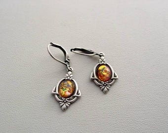 Rose Gold Pink Yellow Fire Opal Earrings Art Deco Style Vintage Glass Classically Oxidized and