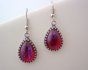 Victorian Dragon's Breath Opal Earrings, Vintage Glass Crown Setting, Jewelry
