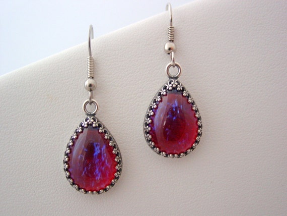 Victorian Dragon's Breath Opal Earrings, Vintage Glass Crown Setting, Jewelry