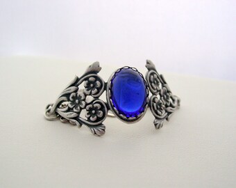 Art Nouveau Style, Cobalt Blue Bracelet, Vintage German Glass, Cuff Bracelet, Pearl Clasp, Art Nouveau Jewelry