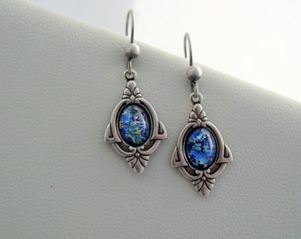 Blue Fire Opal Art Deco Earrings, Vintage Glass, Art Deco Jewelry, Blue Opal Earrings