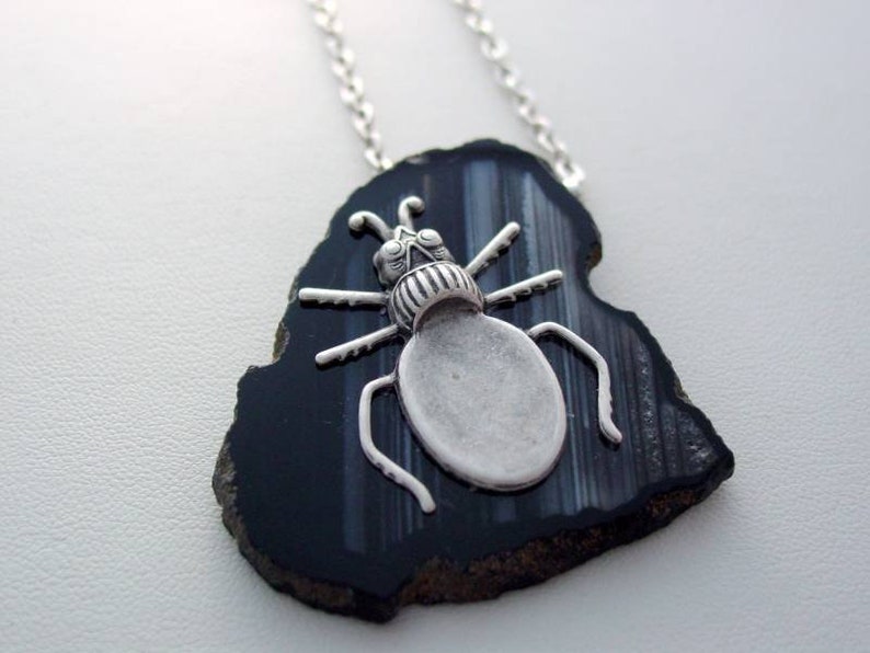 Natural Polished Agate Geode Entomology Nature Jewelry Agate Necklace Purple Agate Geode Beetle Necklace Beetle Pendant