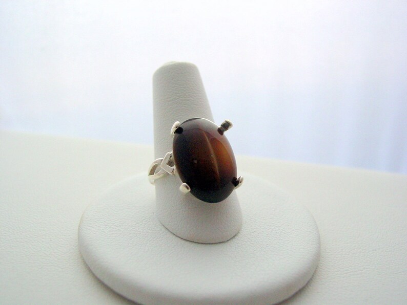 Sterling Silver Vintage Cats Eye 925 Artisan Bezel Split Band Germany Brown Horn Catseye Glass Oval Cabochon Sterling Ring