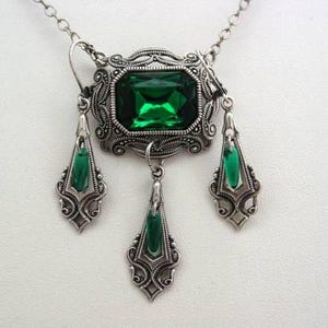 Victorian Style, Emerald Necklace & Earrings, Emerald Drop Necklace, Emerald Jewelry, Vintage German, Emerald Glass, Victorian Jewelry