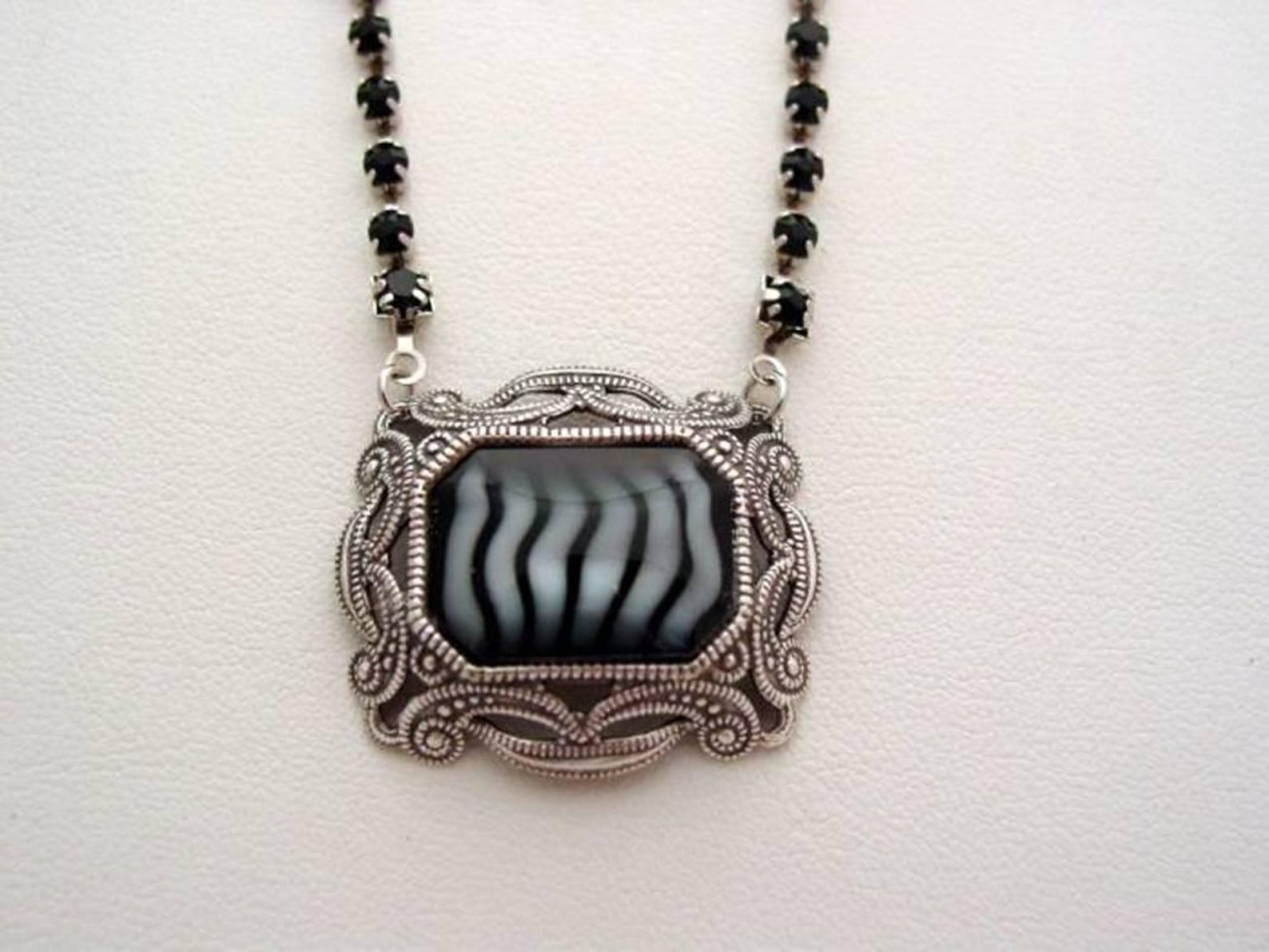 Zebra Rhinestones Victorian Style Rhinestone Necklace, Zebra Stripe Pendant, Vintage ...