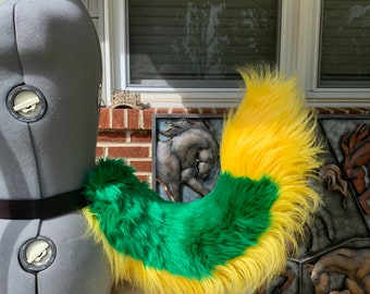 Green and Yellow Wagging Tail for Fursuits, Cosplay, Kemono, or Pet Play, Upright Style