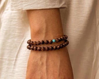 Prayer Bead Bracelet with Turquoise, Meditation Mala, Good Luck Gift for Yogi, Buddhist Amulet, Natural Wood Zen Jewelry
