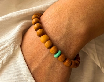 Natural Wood Bracelet with turquoise, Buddhist prayer beads for Mom's 50th birthday, Zen Jewelry Gift for Yoga Lover
