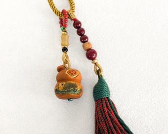Natural Wood Gourd Bag Charm, Wealth Prosperity Koi Fish Keychain, Feng Shui Wu Lou Money Amulet, Tassel Wristlet, Good Luck Gift for Her